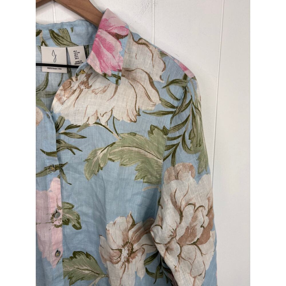 Joie 100% Linen Tropical Leaf Floral Button Up Top Large Light Blue Vacation - Picture 5 of 8